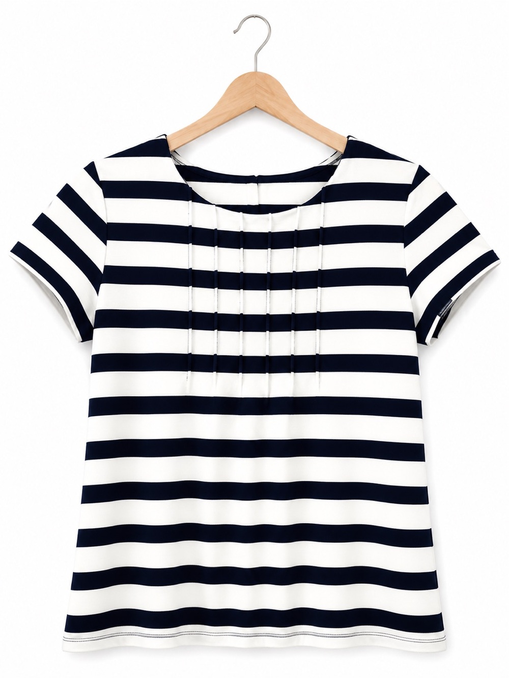 Talbots Navy White Striped Pleated Neck Short Sleeve Top